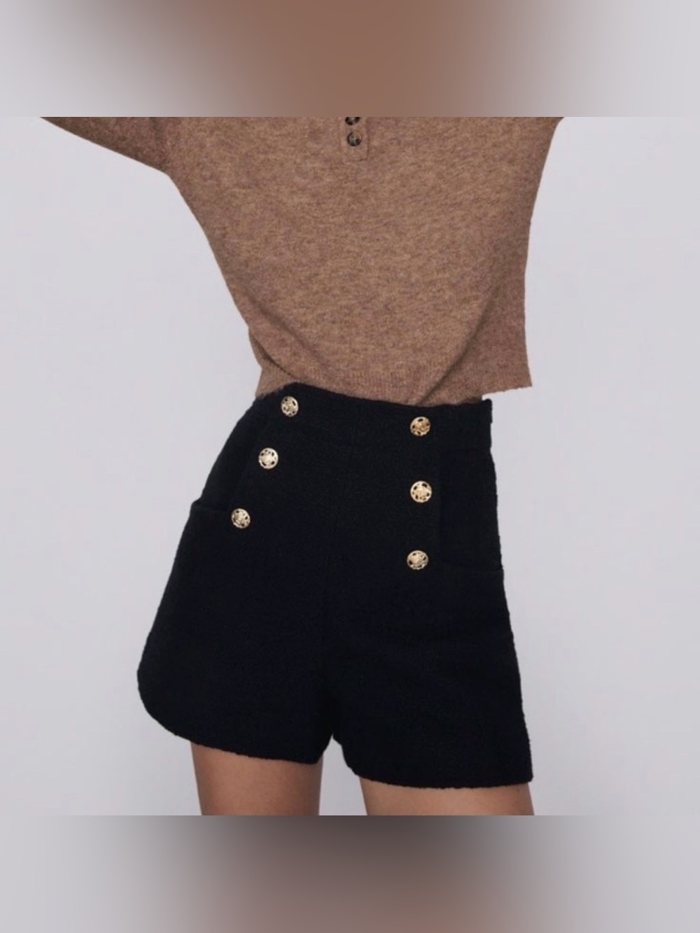 Zara Black Tweed Sailor Boucle Shorts Gold Buttons High Rise 50s Pinup Retro - Picture 1 of 6
